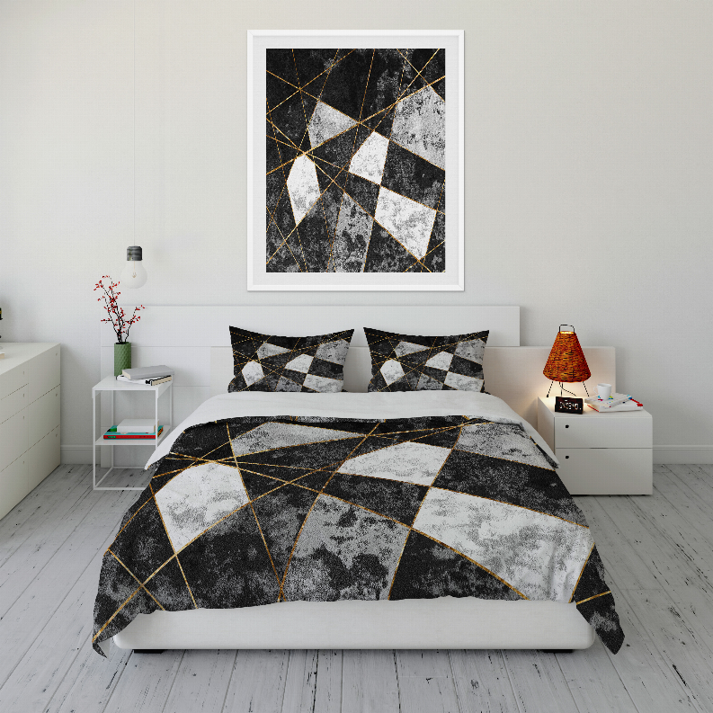 Black, white and gold geometric comforter set with matching pillow shams