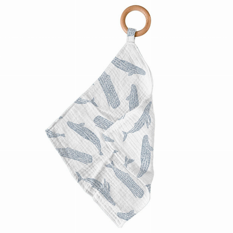 Bamboo teether cloth with blue bird pattern and bamboo teething ring
