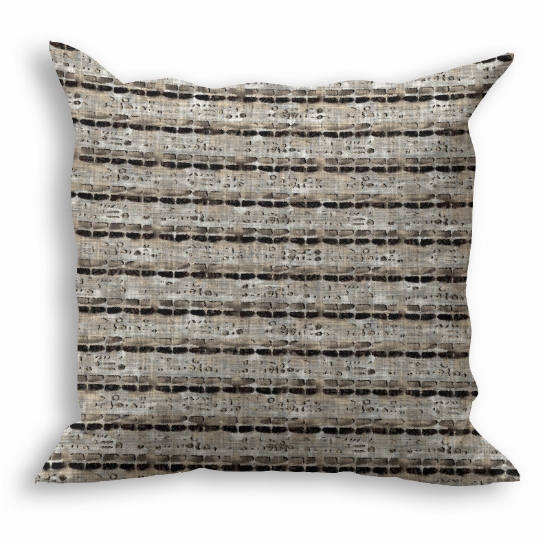 Square throw pillow with beige and gray horizontal stripe pattern
