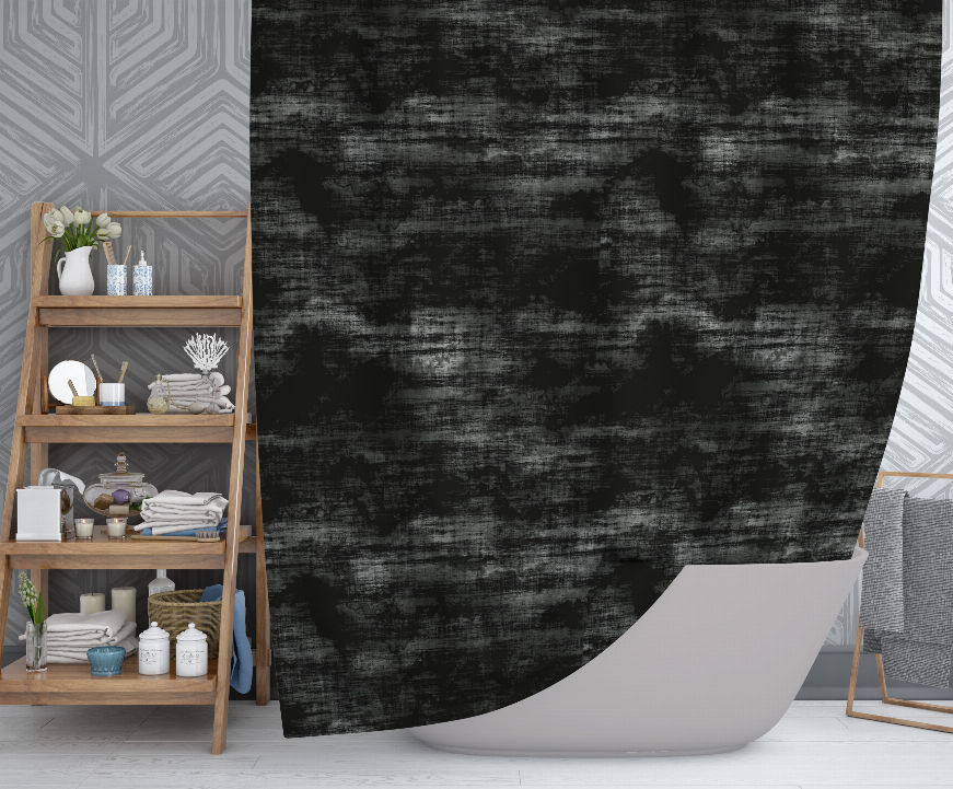 Dark black shower curtain with distressed mottled texture and curved bottom hem