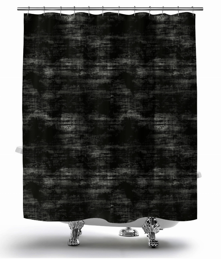 Dark black shower curtain with distressed mottled pattern and metal grommet top tabs