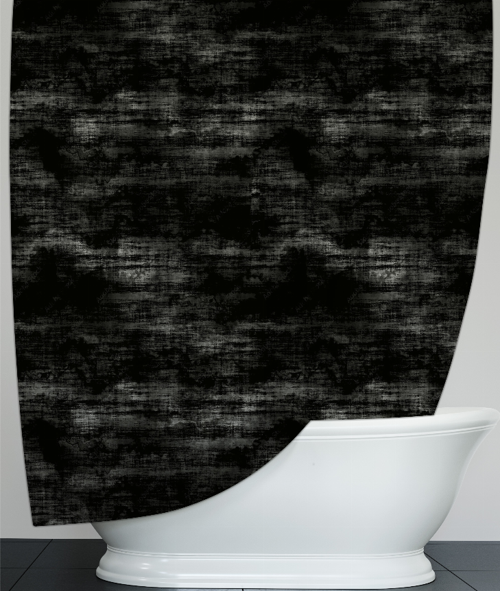 Dark black shower curtain panel with distressed mottled pattern and curved bottom edge