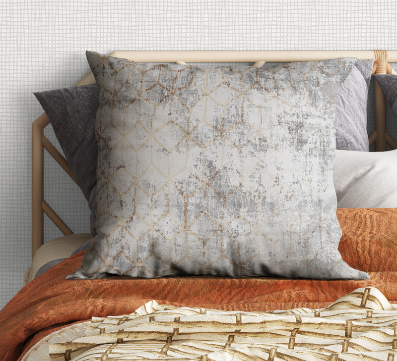 Blankets2U pillow with faded gray and gold geometric lattice print