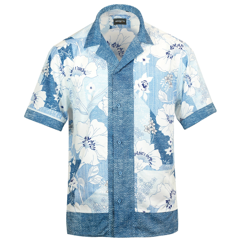 Blue and white floral denim-look short-sleeve button-up shirt with contrast collar