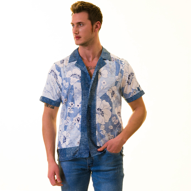 Men's blue floral denim short-sleeve button shirt with open collar