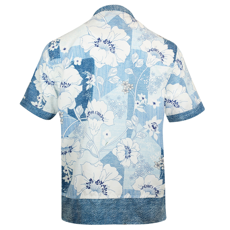 Blue floral denim short-sleeve shirt with patterned back and contrast hem