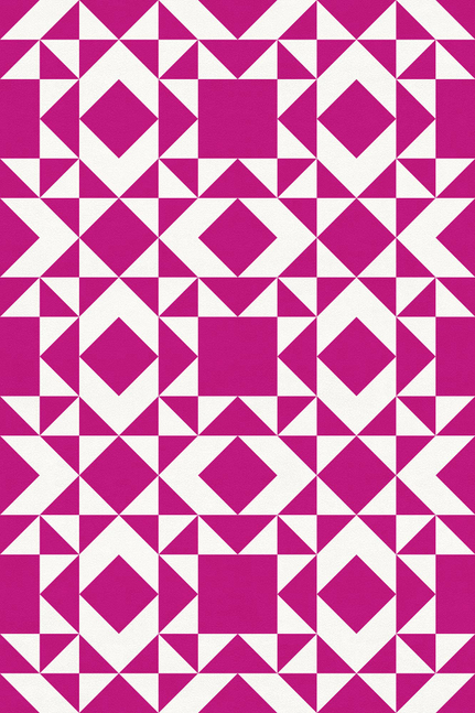 Geometric vinyl floor covering with repeating diamond pattern in magenta and white.