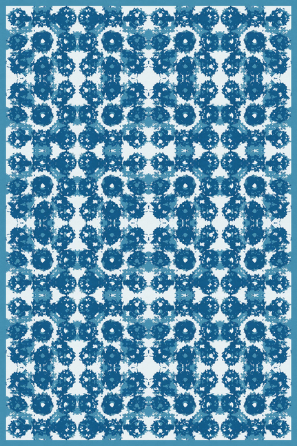 Geometric vinyl floor covering with repeating blue and white ring motifs, full view