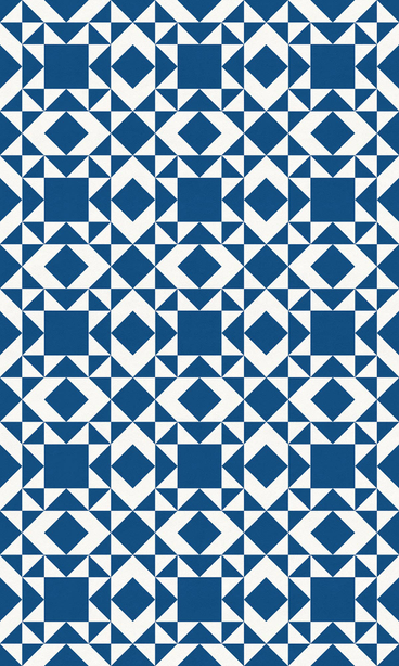 Geometric vinyl floor covering featuring repeating blue and white square and diamond shapes.