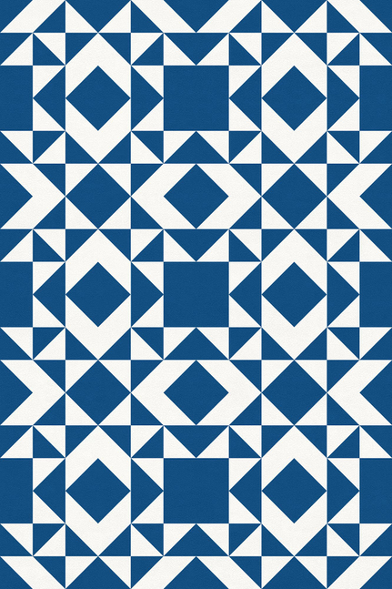 Geometric vinyl floor covering with bold blue and white geometric motif tiles.