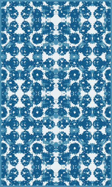 Geometric vinyl floor covering with blue and white repeating circular pattern