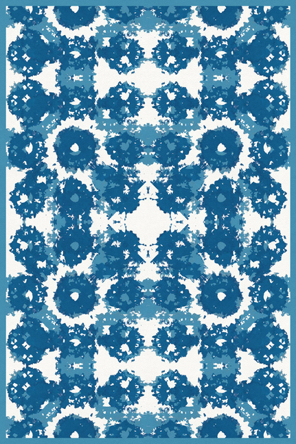 Geometric vinyl floor covering with bold blue and white ring-like pattern