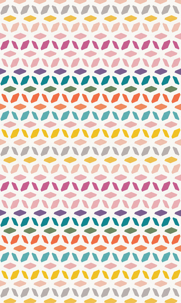Geometric vinyl floor covering with colorful repeating hexagon and diamond pattern