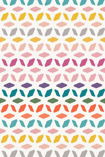 Geometric vinyl floor covering with rainbow geometric tiles in rows