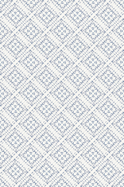 Geometric vinyl floor covering with repeating blue diamond-and-medallion motifs