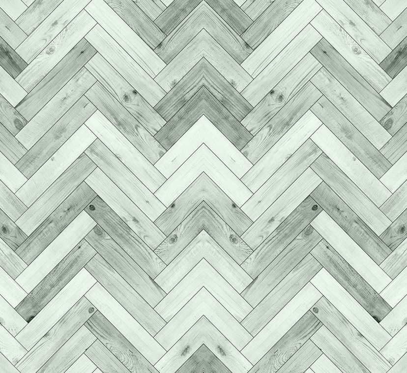 Peel-and-stick wallpaper panel close-up, gray herringbone wood plank pattern
