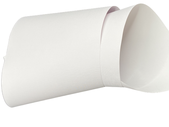 Rolled light-colored peel-and-stick vinyl wallpaper panel with curved edge.