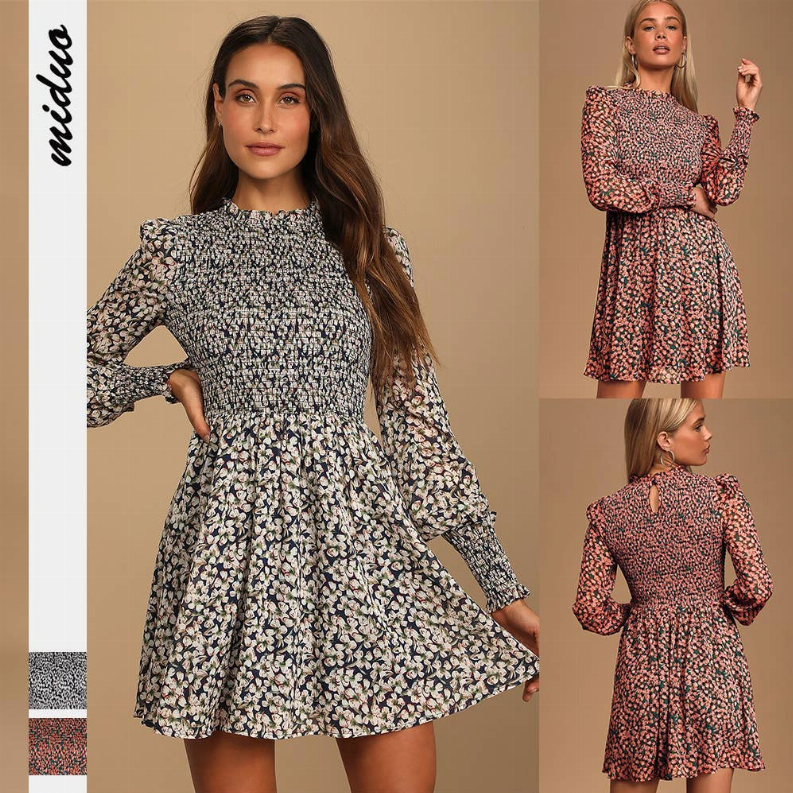 Women's floral long-sleeve mini dress with high neck and gathered waist
