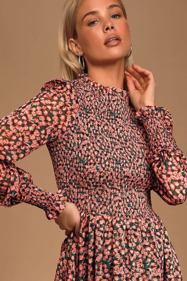 Women's pink floral long-sleeve mini dress with high neck and puff sleeves
