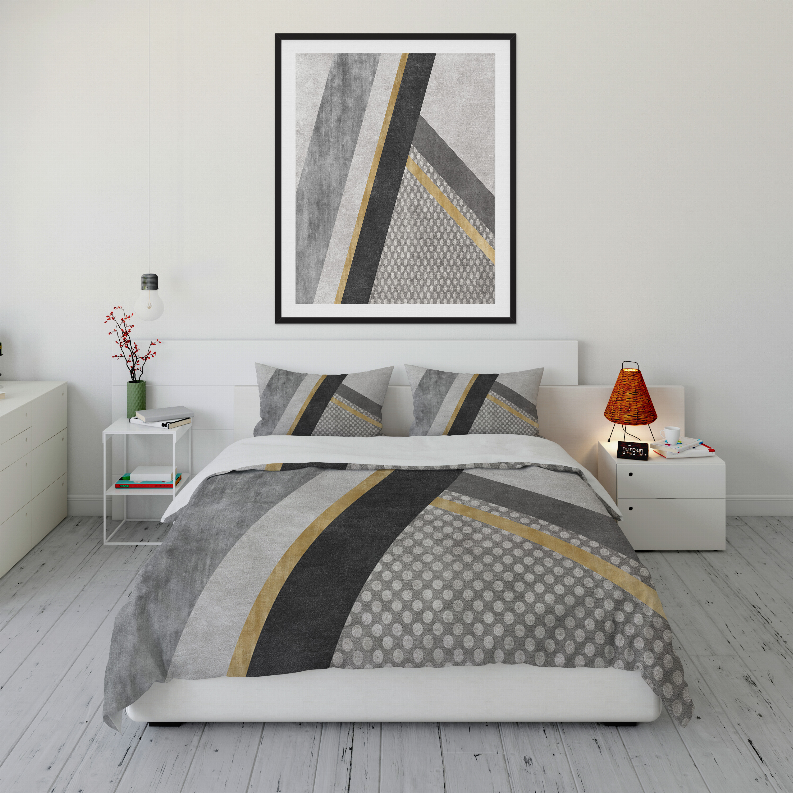 Comforter set for bed in gray with gold diagonal stripes and dotted geometric pattern