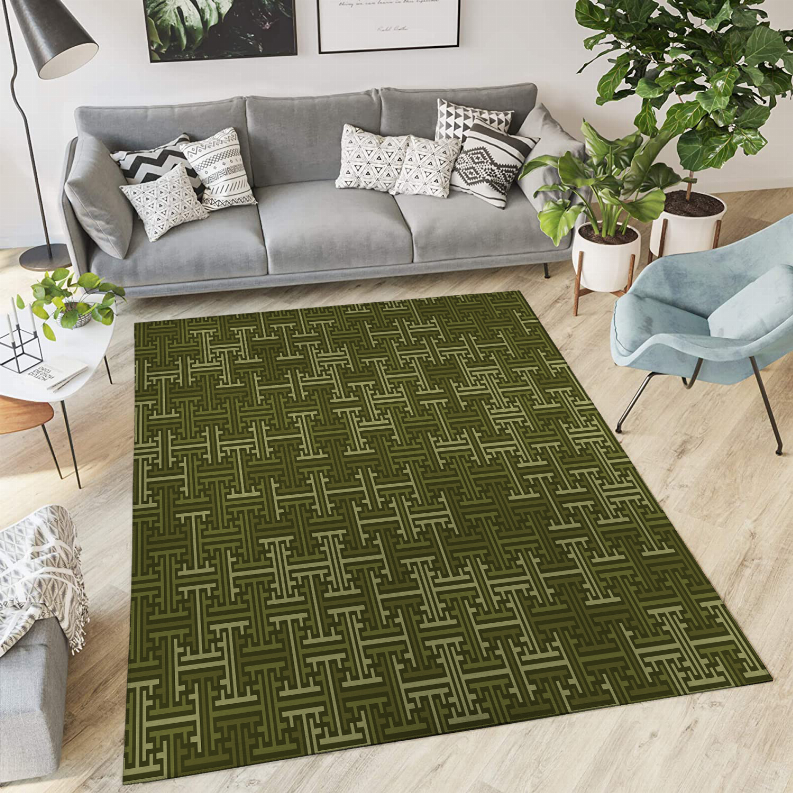 Low pile carpet with repeating Greek key pattern in dark green, large rectangular rug