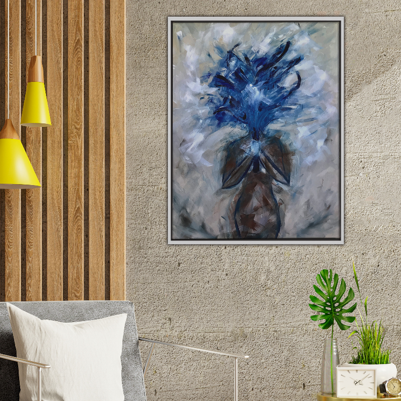 Square framed orchid art print with blue brushstroke flowers on a light textured background