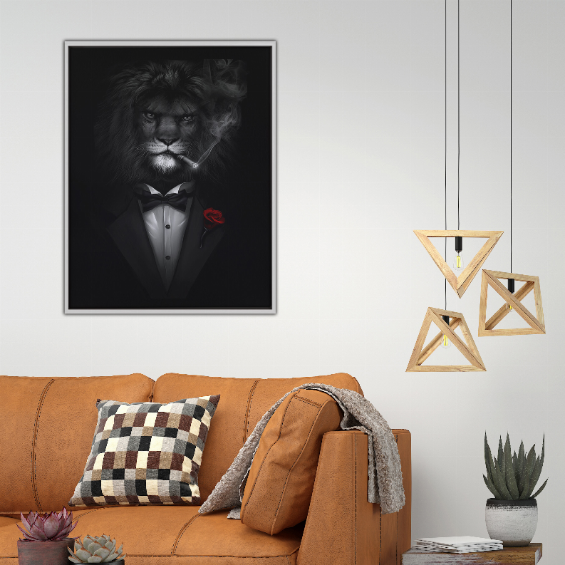 Zuba art print in a black frame: lion in tuxedo with bow tie and red rose accent.