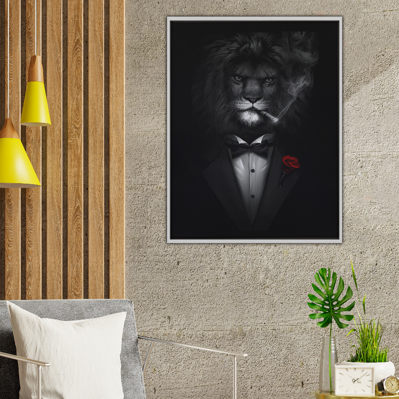 Framed lion in tuxedo art print with bow tie and red rose detail.