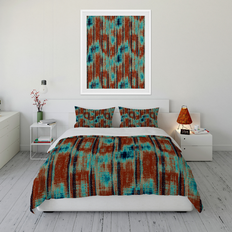 Multi-color abstract striped duvet cover set with two matching pillow shams on bed