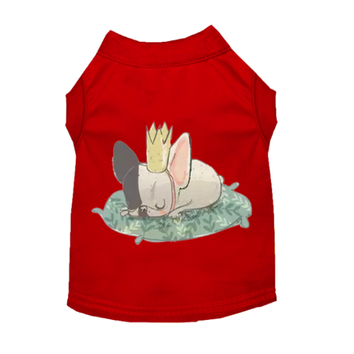 Red pet sleeveless shirt with cartoon sleeping animal graphic