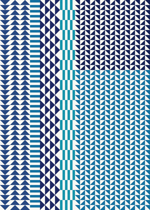 Geometric vinyl floor covering with navy, white, and teal diamond patterns in stripes
