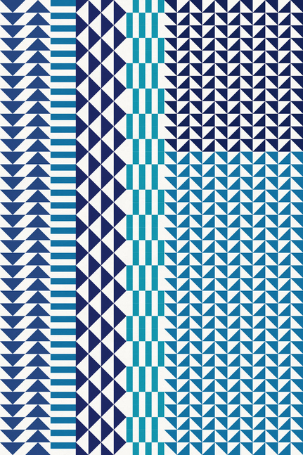 Geometric vinyl floor covering with navy chevron rows, teal accents, and white diamond blocks