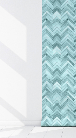 Teal chevron wallpaper panel, straight edge with white backing strip