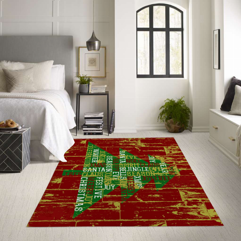 Low pile carpet with red and green holiday text distressed pattern in hallway