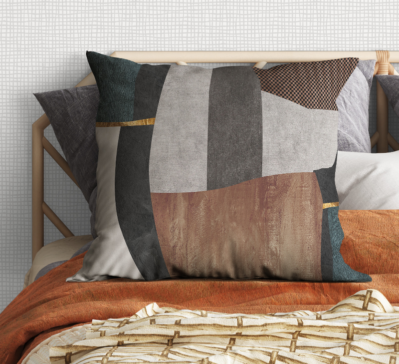Square throw pillow with curved patchwork blocks, teal and charcoal, light gray, tan, checkered