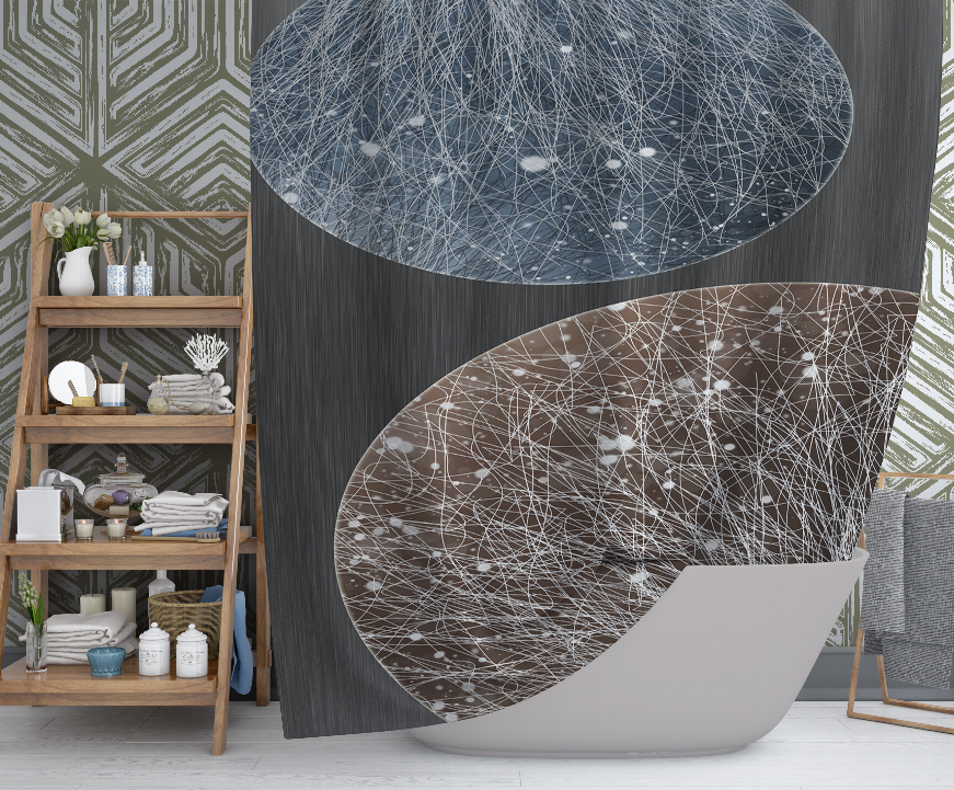 Dark gray shower curtain with large blue and tan oval string-art panels