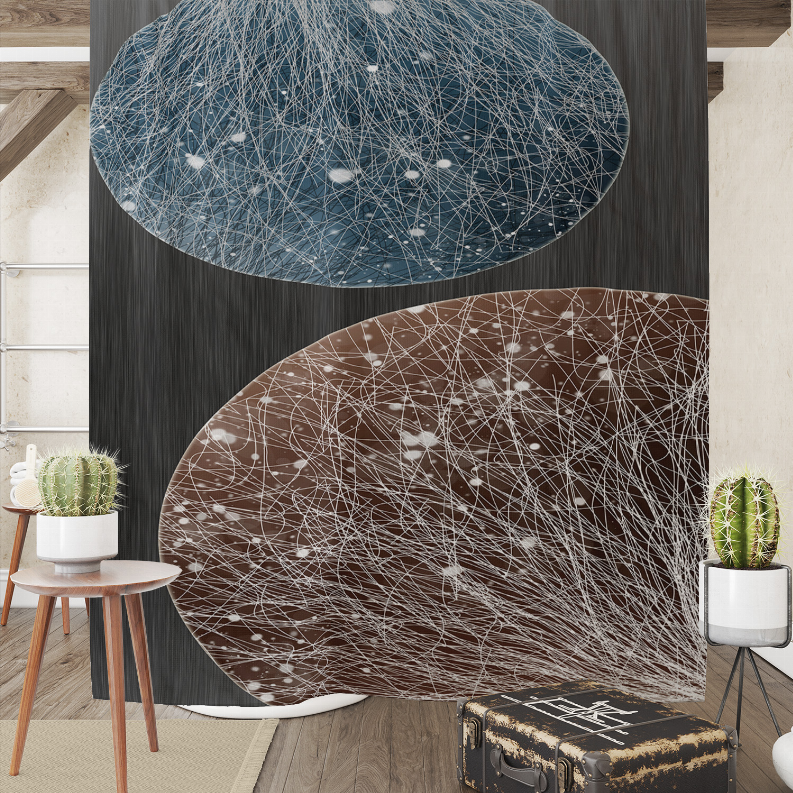 Dark gray shower curtain with blue and brown oval string-art panels, full view