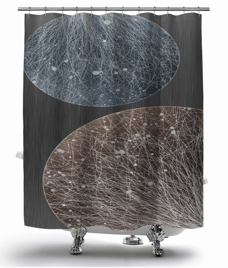 Shower curtain with top blue oval and bottom brown oval string-art design on dark gray