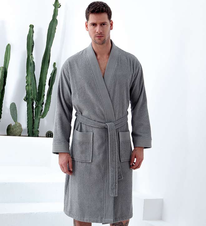 Men's gray terry kimono bathrobe with shawl collar, belt tie, and two front pockets