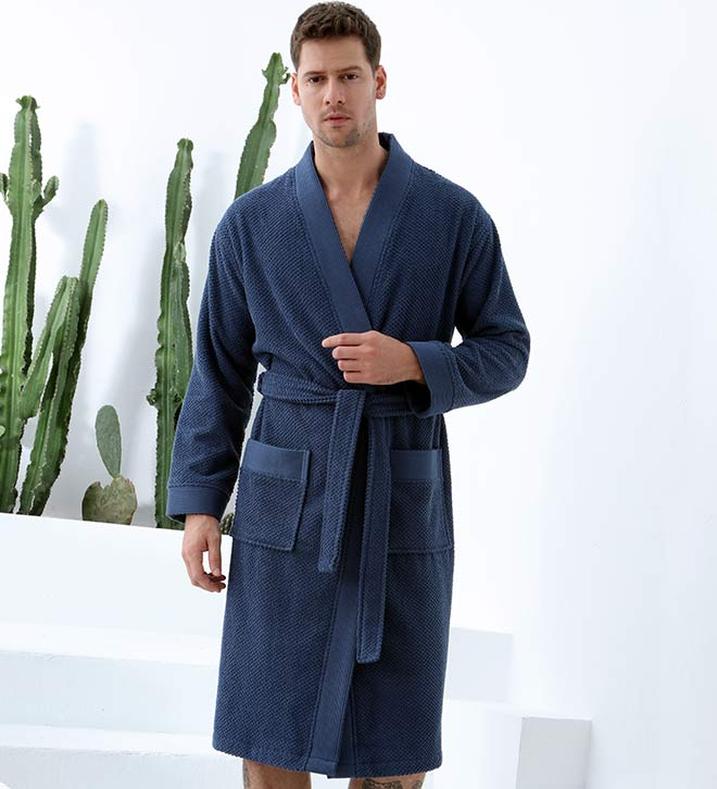 Navy terry kimono bathrobe with belt and front pockets, V-neck wrap style