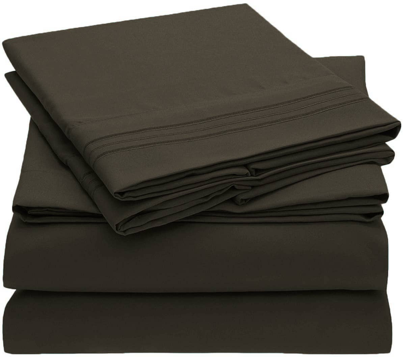 Brown sheet set stack with fitted sheet and flat sheet, wrinkle-resistant fabric
