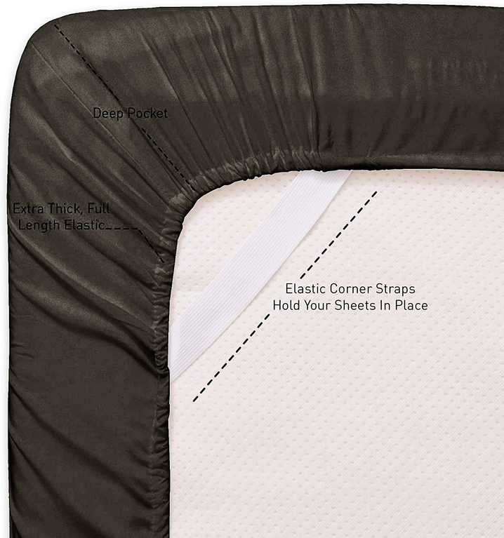 Brown fitted sheet corner with elastic corner straps and textured pocket lining
