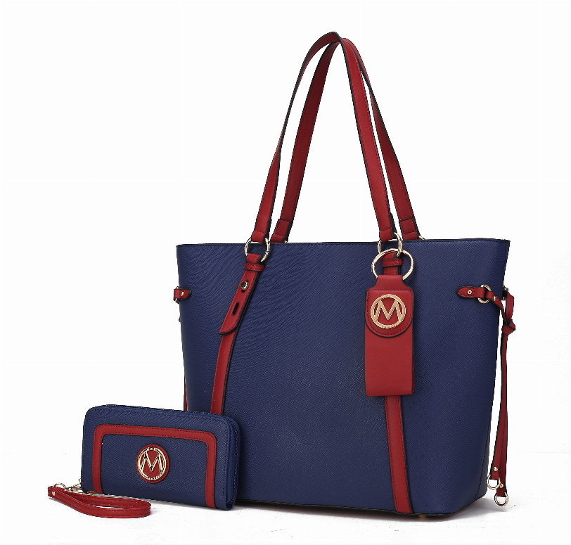 Navy and red tote bag set with wallet pouch and detachable key-ring