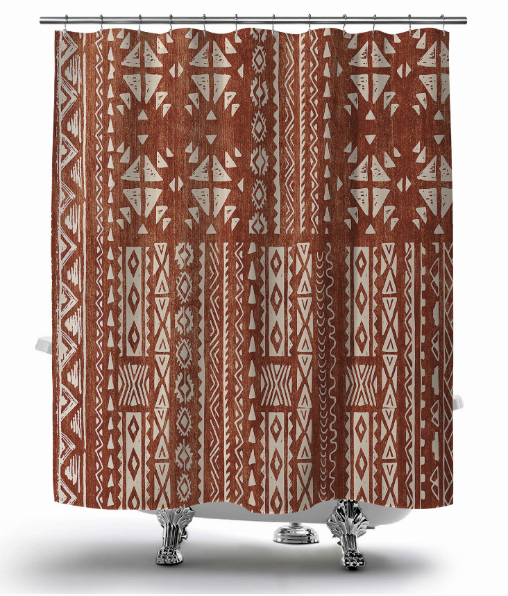 Burnt orange shower curtain with beige tribal geometric print and metal grommets