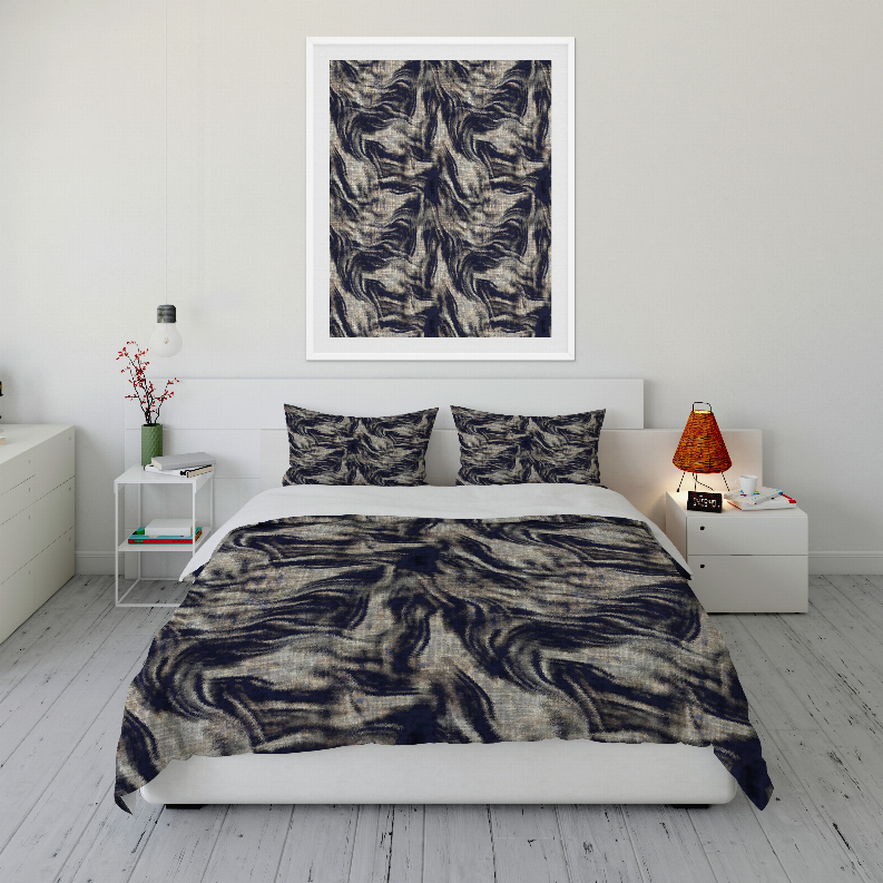 Blue and gray abstract swirl comforter set with two matching pillow shams, front view