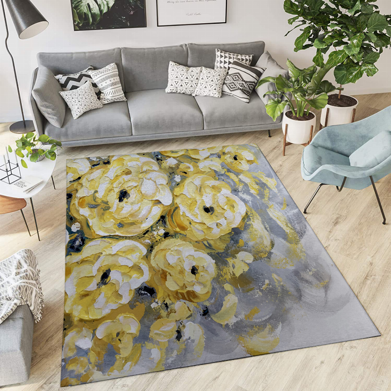 Multi-color low-pile rug with watercolor yellow floral pattern on gray