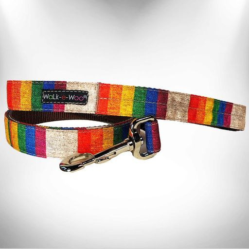 Multicolor woven dog leash with metal clasp and Walk-e-Woo tag
