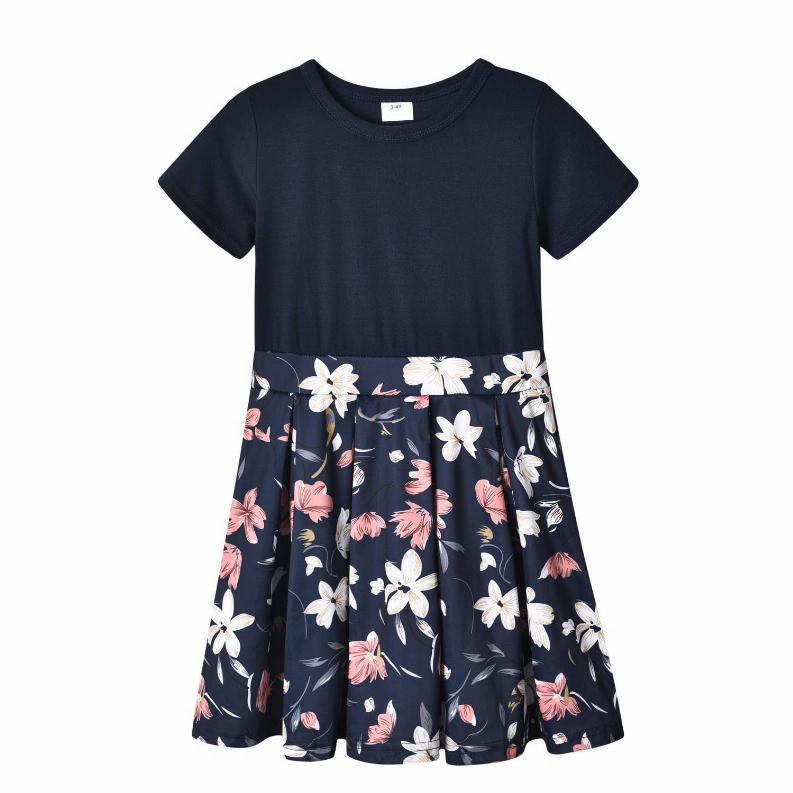 Navy short-sleeve girls dress with floral skirt, round neckline, gathered waist