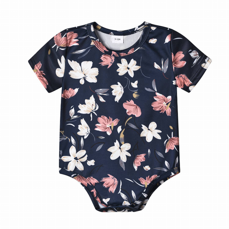 Navy floral short-sleeve romper with snap crotch