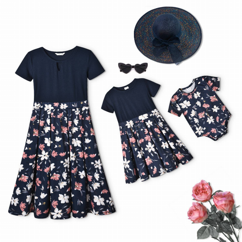 Navy short-sleeve floral dresses set with pink and white flower print (two)